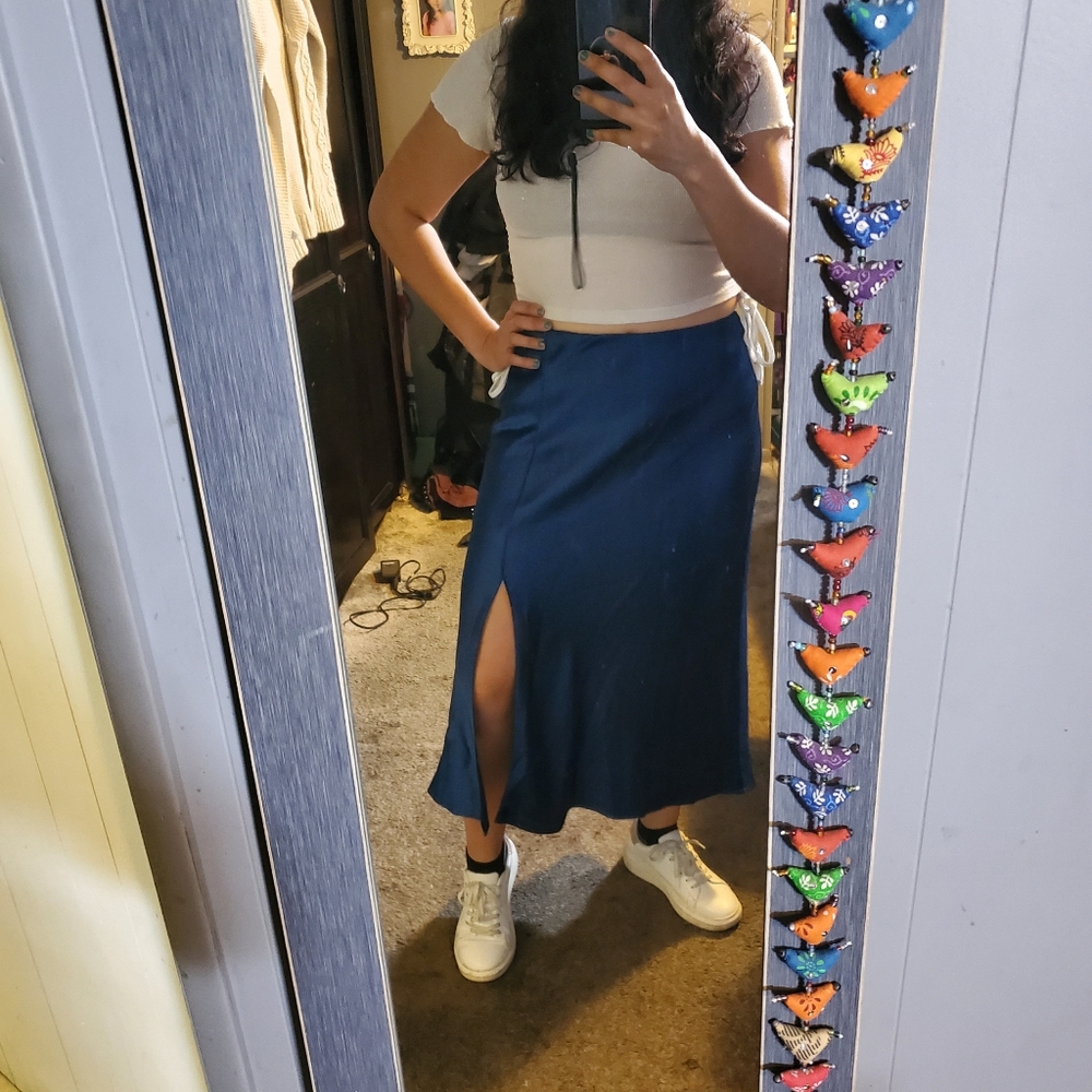 Satin Midi skirt with slit blue size medium